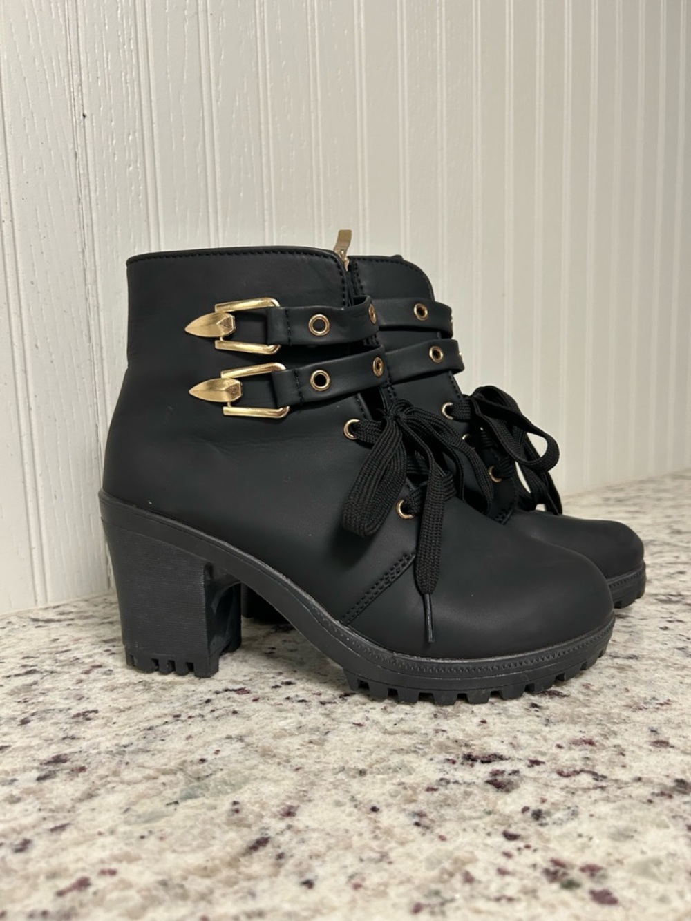 Women's Black Lace-Up Ankle Boots with Gold Buckles